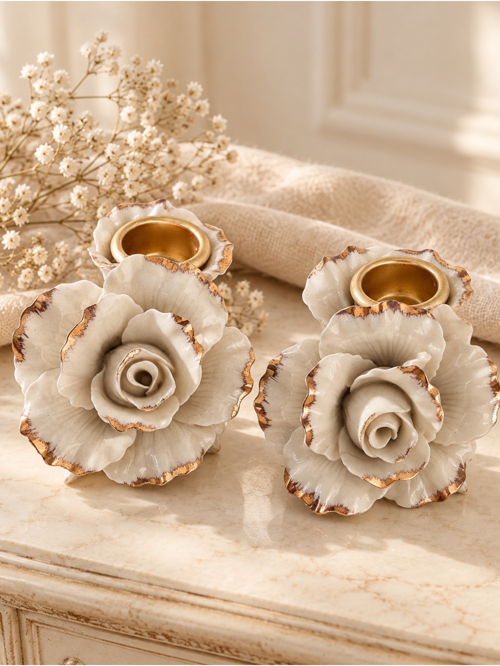 Vintage Avon Porcelain Rose Cream w/ Gold Candle Holders Pair Cottagecore Grandm